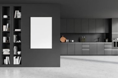 Karanlık mutfak odasının önü boş beyaz poster, beton zemin, lavabo, gaz ocağı, kitaplıklar, yağ, fırın. Minimalist tasarım kavramı. Model yap. 3d oluşturma