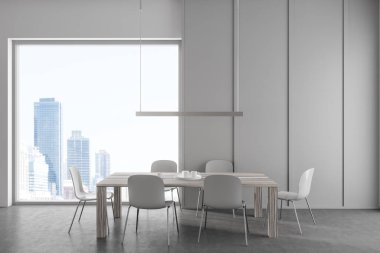 Oturma odasının içinde yemek masası ve sandalyeler, gri beton zemin. New York gökdelenlerinde panoramik penceresi olan minimalist toplantı alanı. 3B görüntüleme