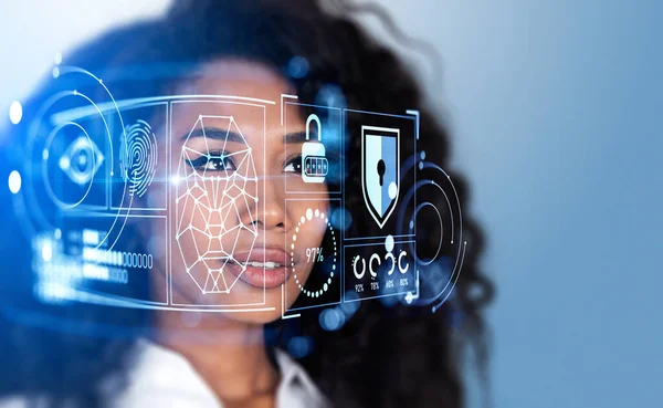 African Businesswoman Biometric Scanning Facial Recognition Digital Hologram Hud Fingerprint — Stock Photo, Image