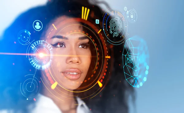 Retrato Mulher Negócios Africana Holograma Digital Colorido Hud Exploração Biométrica — Fotografia de Stock