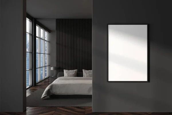 Front View Dark Bedroom Interior Bed Empty White Poster Grey — Stock Photo, Image