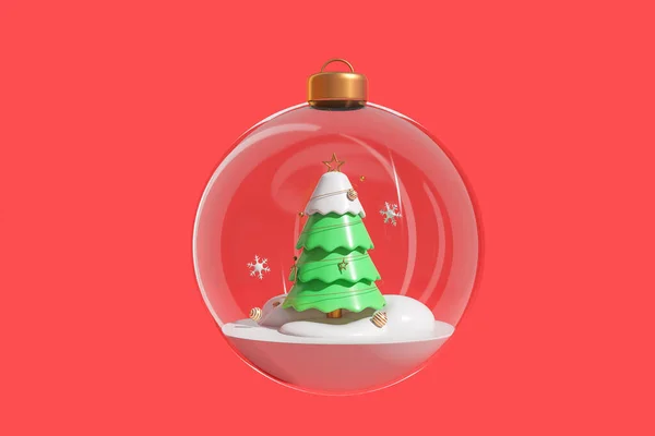 Grüner Neujahrsbaum Einer Transparenten Weihnachtsglaskugel Auf Rotem Hintergrund Konzept Für — Stockfoto