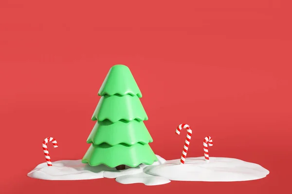 雪の漂流で甘い缶が付いている緑の新年の木 赤い背景 冬と休日のコンセプト スペースをコピーする 3Dレンダリング — ストック写真