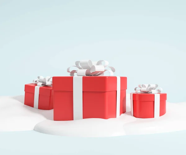 雪だるまの白いリボンで包まれた赤いギフト用の箱の列 ライトブルーの背景 贈り物と新年のコンセプト 3Dレンダリング — ストック写真