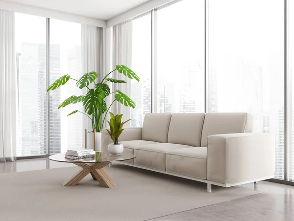 Corner view on bright living room interior with sofa, white wall, coffee table with books, concrete floor, carpet, panoramic window with skyscrapers view. Minimalist design. 3d rendering