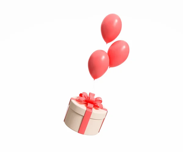 白い背景にヘリウム風船で飛ぶピンクのリボンで包まれたギフトボックス 休日とプレゼントのコンセプト 3Dレンダリング — ストック写真