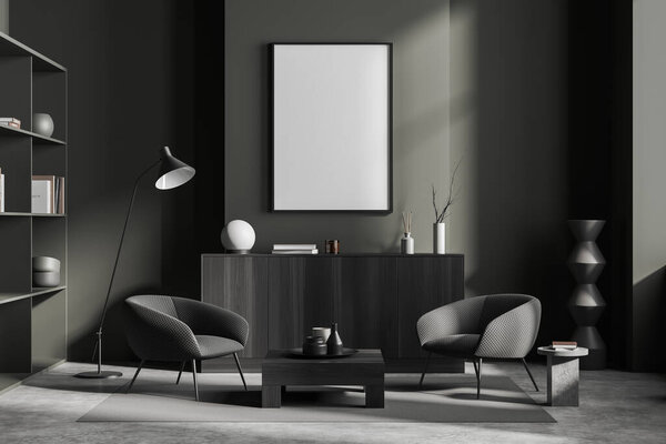Вид спереди на темный интерьер гостиной с пустым белым плакатом, креслами, стеллажами с книгами, серой стеной, бетонным полом, ковром, холодильником, журнальным столиком. Концепция минималистского дизайна, искусства. 3d-рендеринг
