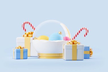 Kar yığınında noel ağacı topları olan cam top. Renkli hediye kutuları ve mavi arka planda şeker kamışları. Hediye kavramı. 3B görüntüleme