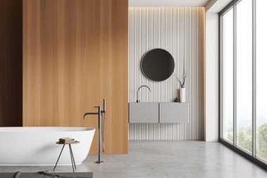 Lavabo, küvet, kırsal manzaralı panoramik pencere, yuvarlak ayna, beyaz duvarlar, ahşap bölme, halı, beton zemin, havlulu tabure. 3d oluşturma