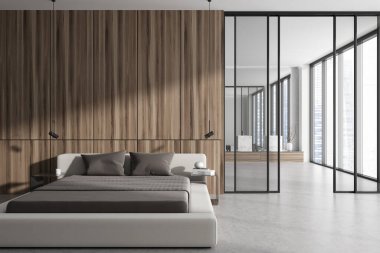 Yatak odasının içinde çift lavabolu cam kapılar ve banyo var. Gökdelenlerin panoramik penceresi. Boş duvarı kopyala. 3B görüntüleme