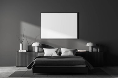 Karanlık yatak odasının içini boş beyaz poster, yatak odası, dolap, gri duvarlar, kitaplar, lambalar, halı vazosu, beton zemin. Model yap. 3d oluşturma