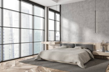 Parlak yatak odasının içi yatak odası, yatak odası, yastıklar, boş beton duvar, ahşap parke zemin, ayna, Singapur manzaralı panoramik pencere. Minimalist tasarım kavramı. 3d oluşturma