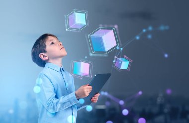 Child boy using tablet and looking up, digital hologram hud of blocks and network. Information fields and blockchain. Concept of metaverse