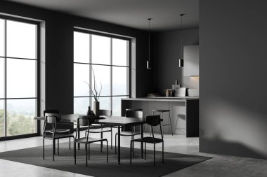 Koyu renk mutfak odasının iç tarafında dolap, panoramik pencere, gri duvar, beton zemin, yemek masası, sandalyeler, halı, kaşıklar. Minimalist tasarım kavramı. 3d oluşturma