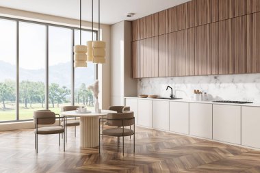 Bej mutfak içi, sandalyeler ve ahşap zemin üzerinde yemek masası, yan görüş. Mutfak gereçleri ve panoramik pencereli ahşap mutfak köşesi. 3B görüntüleme