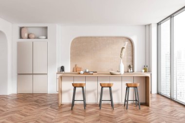 Bar adası ve sandalyelerle dolu beyaz mutfak, buzdolabı, dekorasyon ve mutfak gereçleri ile yemek pişirme alanı. Gökdelenlerin panoramik penceresi. 3B görüntüleme