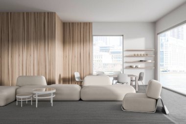 Beyaz oturma odası, yumuşak bir yer, sandalyeli yemek masası, bulaşıklı raflar. Koltuk ve kahve masası halıda, panoramik pencere New York manzarasında. 3B görüntüleme