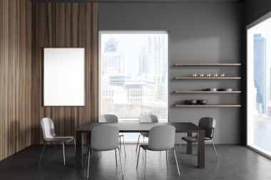 Oturma odasının içinde yemek masası ve sandalyeler var. Raflı ve tabaklı toplantı alanı, gri beton zemin. New York manzaralı panoramik pencere. Posteri düzenle. 3B görüntüleme