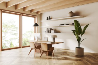 Çalışma masası olan bej ofis içi ve dekorasyonlu raf, yan görünüşlü ahşap zemin. Bilgisayarlı danışmanlık köşesi, tropik bölgelerde panoramik pencere. 3B görüntüleme