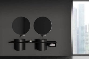 Karanlık banyonun iç tarafında çift lavabo, iki yuvarlak ayna, gri duvarlar, panoramik pencere şehir gökdelenleri manzaralı, beton zemin, havlu. 3d oluşturma