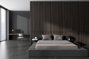 Karanlık yatak odasının önü yatak odası, gri duvar, gardırop, masaüstü, koltuk, beton zemin, Singapur şehir manzaralı panoramik pencere. Minimalist tasarım kavramı. 3d oluşturma