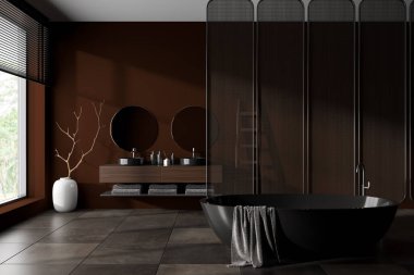 Küveti ve çift lavabosu olan koyu bir banyo, kahverengi döşeme. Banyo bölümü ve otel aksesuarlarıyla dolu. Tropik bölgelerde panoramik pencere. 3B görüntüleme