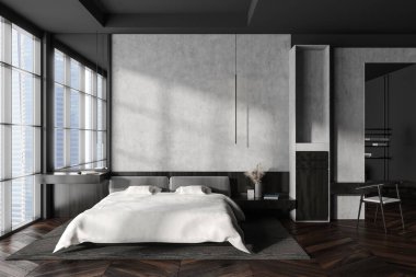 Çalışma masası ve koltuğu olan karanlık bir yatak odası, şifonyeri ve aynası olan bir yatak odası. Gökdelenlerin panoramik penceresi. Uzay duvarını kopyala. 3B görüntüleme