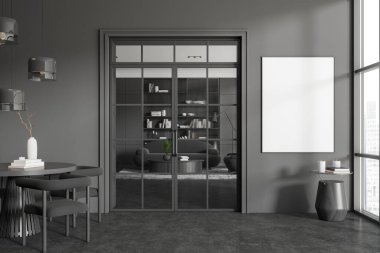 Koyu yemek odası ve oturma odasının önü boş beyaz poster, yemek masası, kanepe, koltuk, gri duvar, panoramik pencere, beton zemin. Minimalist tasarım. Model yap. 3d oluşturma
