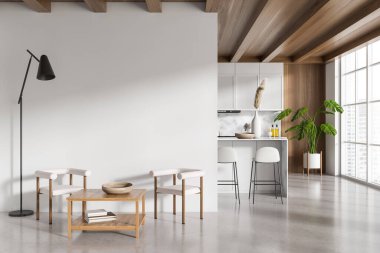 Beyaz mutfak içi, gevşeme alanı ve gri beton zeminde kahve masası. Bar adası, mutfak malzemeleri, gökdelenlerde panoramik pencere. Model boş duvar. 3B görüntüleme