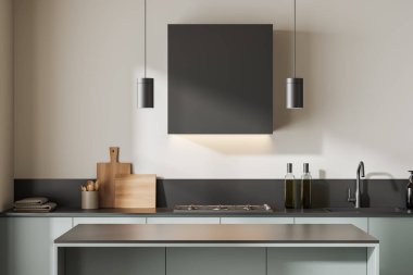 Ada, beyaz duvar, lavabo, gaz ocağı, masalar, havlular, yağlar, mutfak kaputları, kaşıklar, sıvı sabun. Minimalist tasarım kavramı. 3d oluşturma