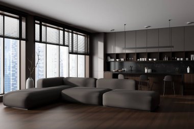 Bar adası ve mutfak gereçleri ile dinlendirici ve yemek köşesi olan karanlık bir stüdyo. Gökdelenlerin panoramik penceresi. 3B görüntüleme