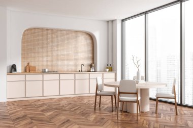 Lüks mutfak, yemek masası ve sandalyeler, ahşap zeminde mutfak gereçleri olan kenar manzaralı bej raflar. Gökdelenlerin panoramik penceresi. 3B görüntüleme