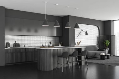 Yemek pişirme bölgesi ve bar adası manzaralı karanlık stüdyo dairesi. Kanepe ve halı üzerinde kahve masası olan rahat bir köşe. Gökdelenlerin panoramik penceresi. 3B görüntüleme