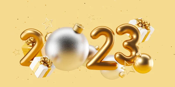 2023 Ano Decoração Árvore Natal Fundo Amarelo Caixas Presente Com — Fotografia de Stock