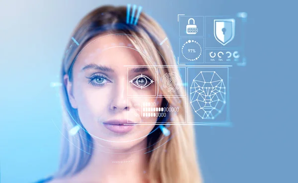 Beautiful woman and eye with digital biometric scanning and data analysis. Face detection and scanner. Concept of face id and artificial intelligence