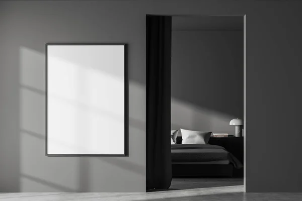 Dark Bedroom Interior Bed Nightstand Minimalist Decoration Carpet Grey Concrete — Stock Photo, Image