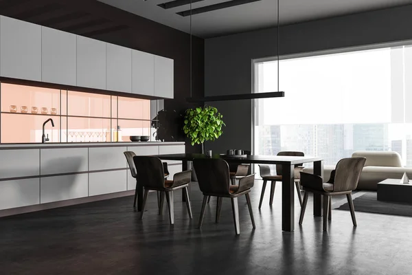 Vista Canto Interior Sala Cozinha Escura Com Janela Panorâmica Mesa — Fotografia de Stock