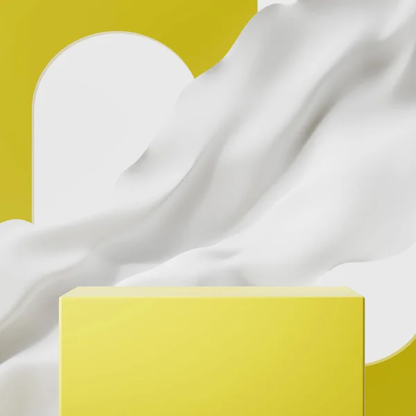 Żółty Podium Biały Latający Materiał Tle Łuk Ściana Makieta Wyświetlania — Zdjęcie stockowe