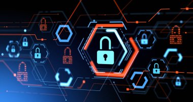 Asma kilit simgeleri ve küresel ağ güvenliği. Dijital dünyada engelleme zinciri ve siber güvenlik. İnternet gizliliği ve veri koruması kavramı. 3B resimleme