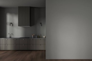Gri duvarları, koyu ahşap zemini, ocağın içine monte edilmiş gri dolapları ve sağındaki uzay duvarını kopyalayan şık minimalist mutfağın içi. 3d oluşturma