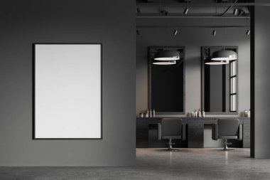 Çağdaş berber dükkanının içinde gri duvarlar, beton zemin, dikey aynalı sıra berber sandalyeleri ve solunda dikey maket posterleri var. 3d oluşturma