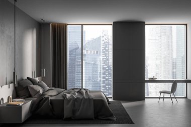 Gri ve beton duvarlı modern tavan arası, beton zemin, rahat kral yatağı ve şehir manzaralı büyük pencereli sandalyeli gri masa. 3d oluşturma