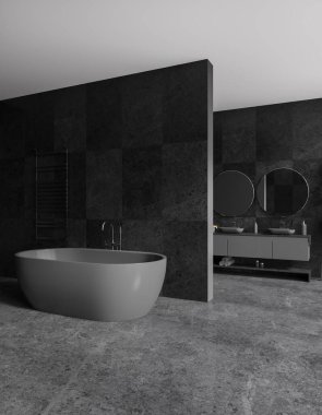 Beton otel banyosu banyo küveti, fotokopi odası bölmesi, çift taraflı lavabo ve yuvarlak ayna. Havlu korkuluğu olan şık bir banyo köşesi. 3B görüntüleme