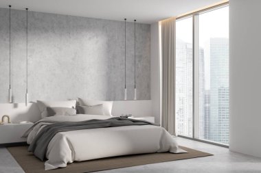 Beyaz ve beton duvarlı modern tavan arası yatak odasının köşesi, beton zemin, iki komodinli konforlu kral yatağı ve panoramik pencereli perdeler ve şehir manzaralı. 3d oluşturma