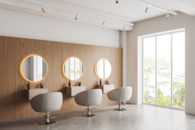 Yumuşak dönen koltukları, yuvarlak aynaları, beyaz ve beton zeminli ahşap dizaynı olan rahat bir salon. Tropik manzarada panoramik pencere. 3B görüntüleme