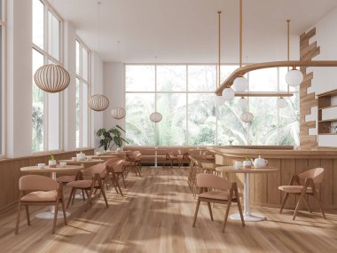 Beyaz ve ahşap duvarlı modern barın içi, ahşap zemin, tabureli rahat bar tezgahı ve camları tropik manzaralı bej sandalyeli yuvarlak masalar. 3d oluşturma