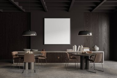 Lokantanın içi sandalye ve masalarla dolu, gri beton zemin. Büfe ve dekorasyonlu lüks toplantı ve yemek odası. Uzay tuvali posterini kopyala. 3B görüntüleme