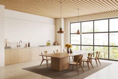 Modern mutfağın köşesinde bej duvarlar, beton zemin, lavabo, fırın ve sandalyeli uzun yemek masası olan rahat ahşap dolaplar. 3d oluşturma