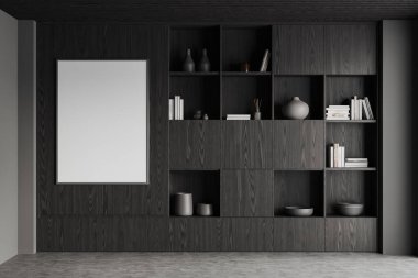 Oturma odasının içinde siyah ahşap raflar, kitaplar, dekorasyon, gri beton zemin. Modern dairede minimalist kütüphane. Tuvalin posterini hazırla. 3B görüntüleme