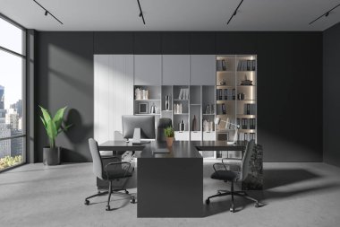 Gri duvarları, beton zemini, ziyaretçiler için sandalyeleri ve klasörlü beyaz kitaplığı olan şık CEO ofisi. 3d oluşturma